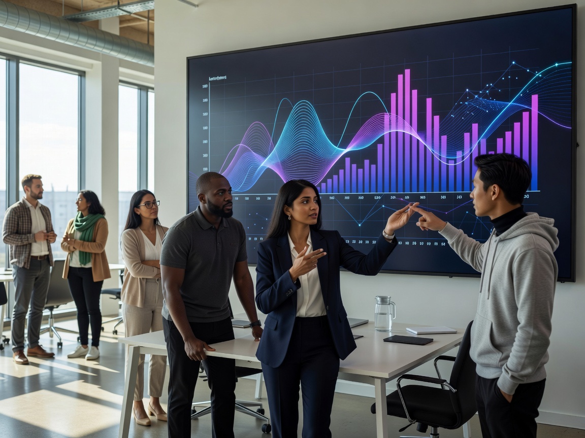 Team collaborating on modern AI strategy dashboard